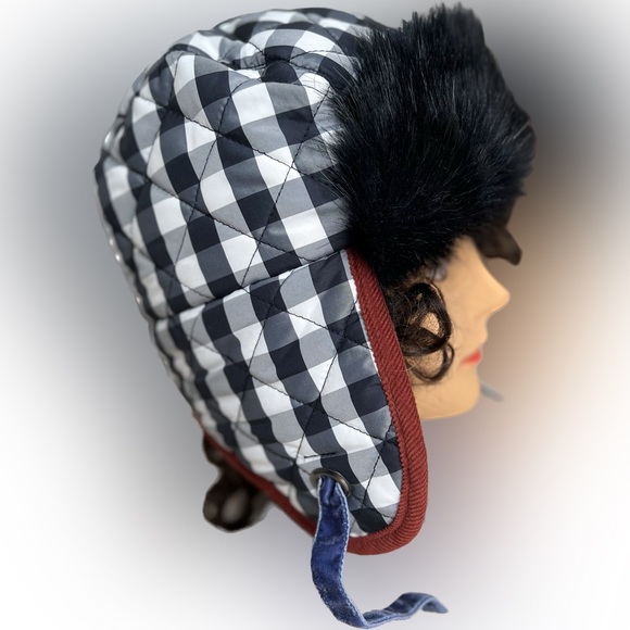 🔥PISTIL Black & White Check RAVE Black Faux Fur Earflap TRAPPER HAT |Women’s OS - Picture 8 of 16